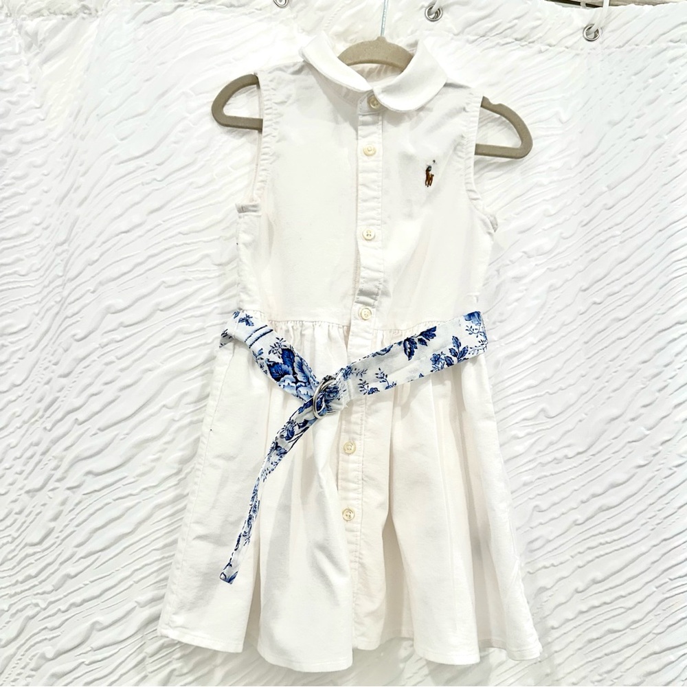 Ralph Lauren White Sleeveless Dress with Blue Floral Belt